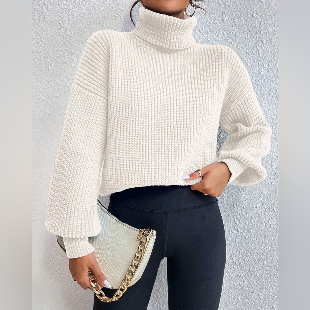 Turtle neck pull over rib knit long sleeve sweater blue - Picture 5 of 15